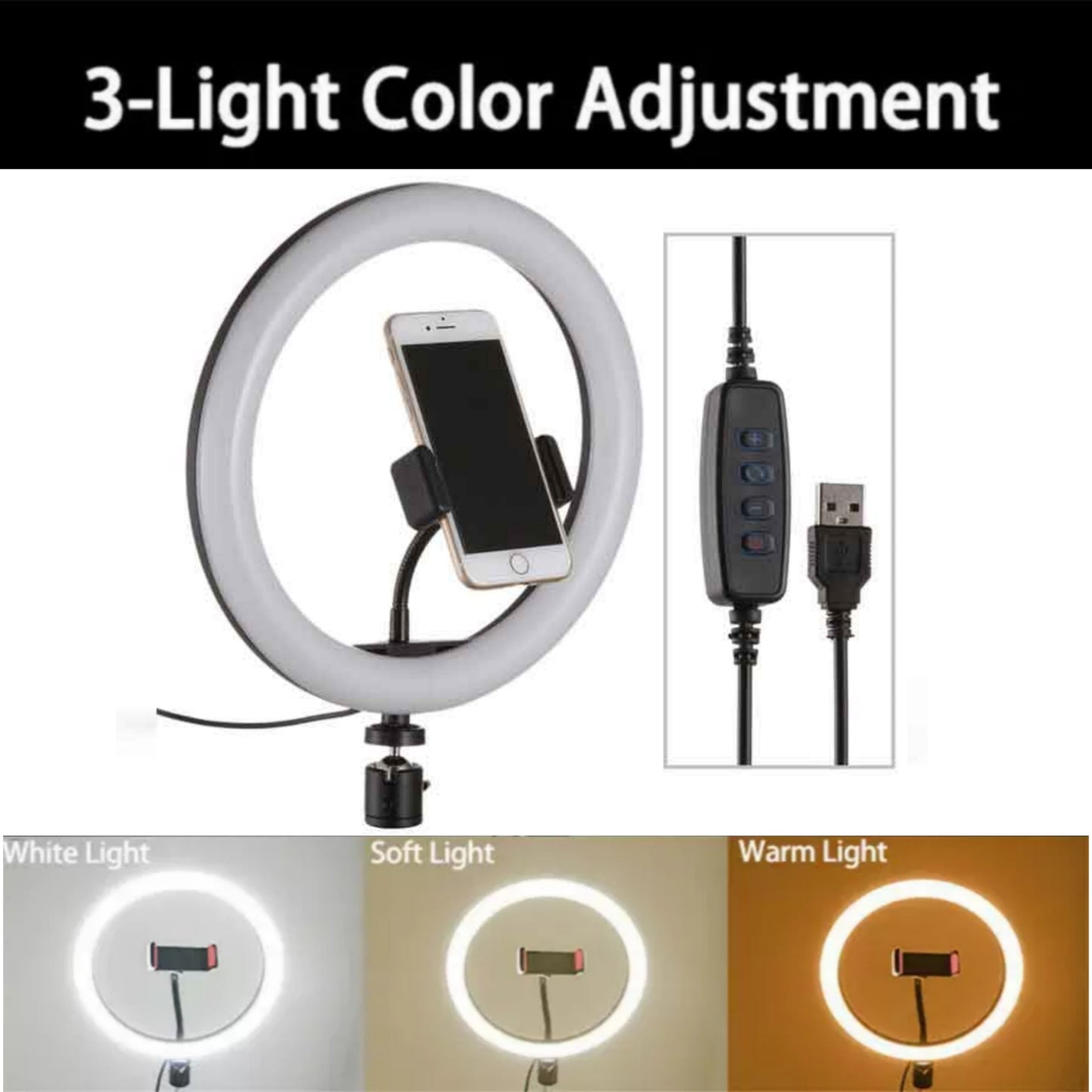 26cm Ring Light with 7ft Aluminium Tripod Stand & Mobile Holder (3 colors)