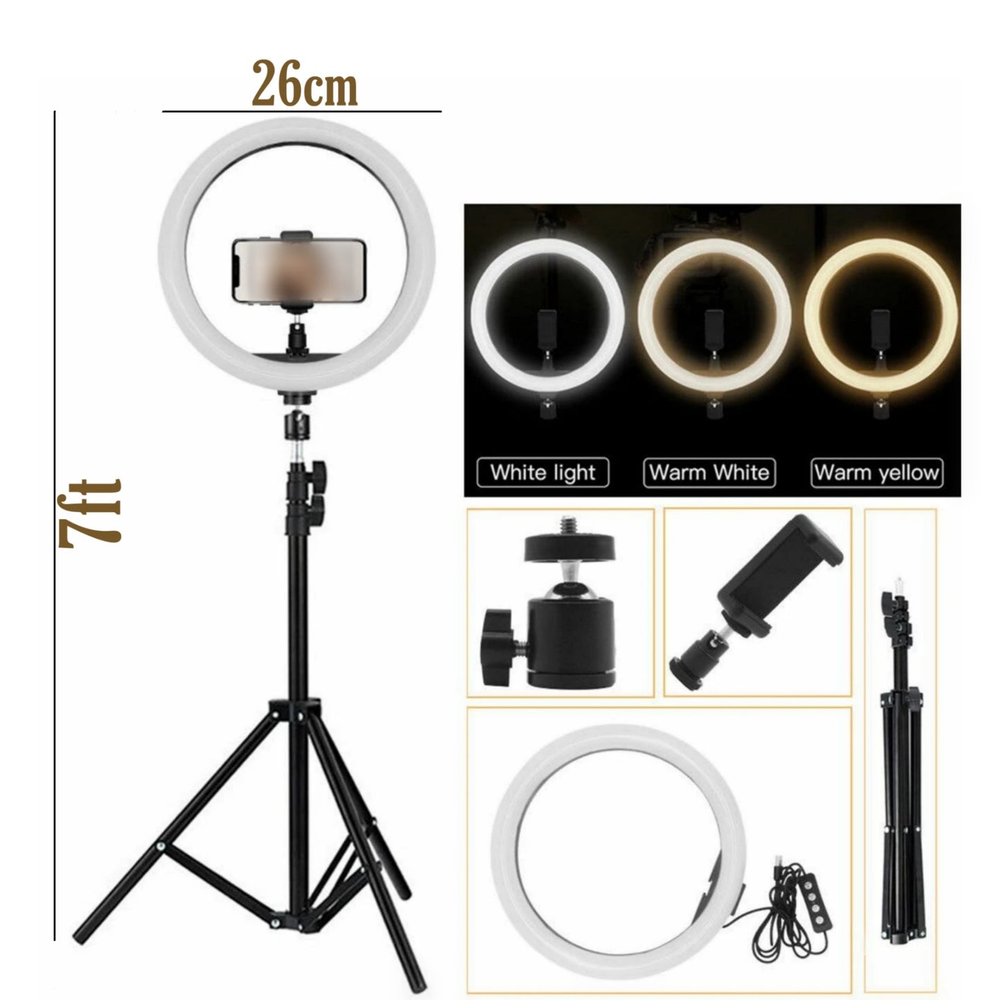 26cm Ring Light with 7ft Aluminium Tripod Stand & Mobile Holder (3 colors)
